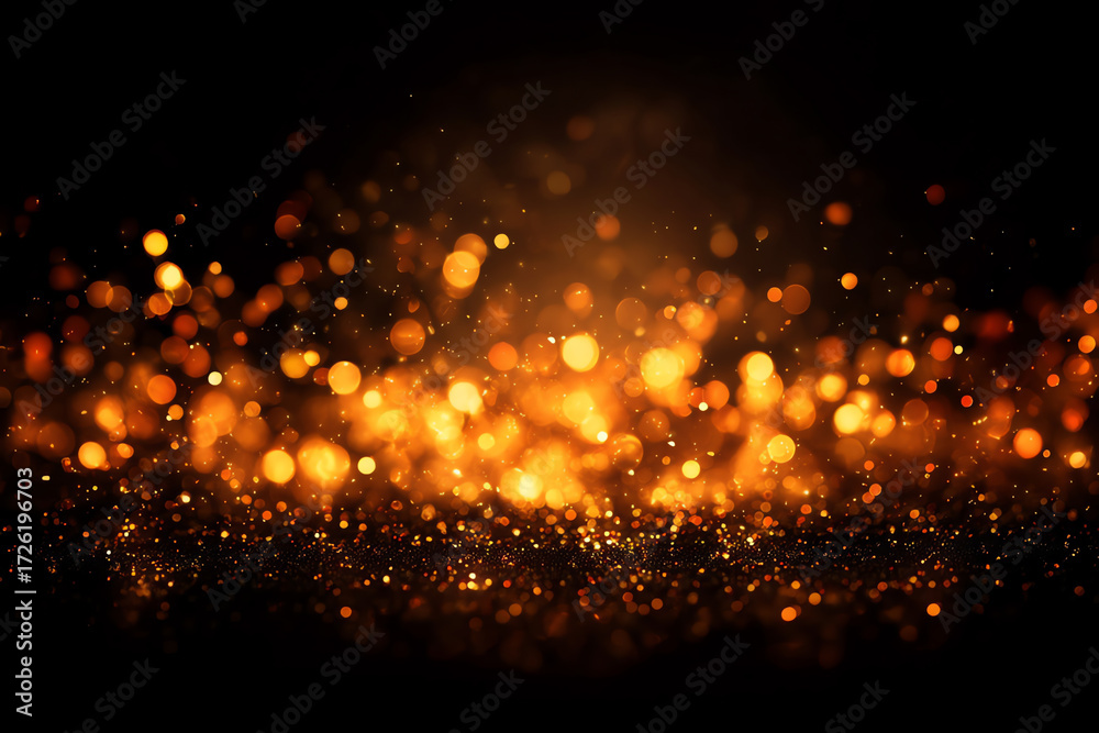 Fototapeta premium Golden bokeh lights scattered against a dark background create a warm, glowing, and festive atmosphere with sparkling and shimmering effects