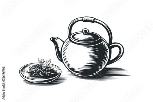 Black and white image of a vintage teapot and bowl of tea leaves. Vector hand drawn illustration