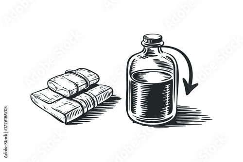 Liquid poured into bottle next to stacked bar soap. Vector hand drawn illustration