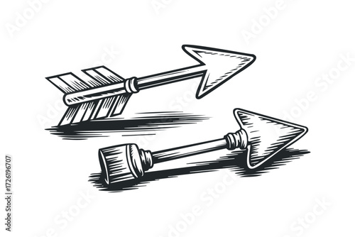 Two vintage arrows pointing in opposite directions. Vector hand drawn illustration