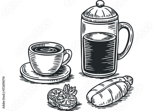 Sketch of coffee cup, french press, bread roll and citrus. Vector hand drawn illustration