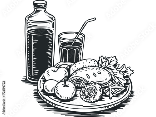 Freshly prepared food and beverage on a plate. Vector hand drawn illustration