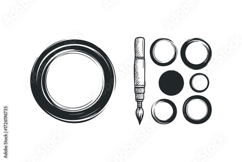 Ink brush and circles hand drawn sketch. Vector hand drawn illustration