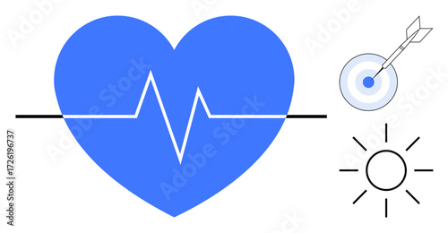 Blue heart with ECG line, dart hitting target, and sun rays emphasizing health, focus, wellness, goal-setting, positivity, well-being, energy and progress in a simple flat metaphor