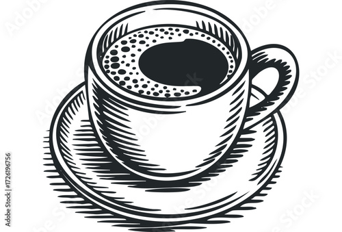 Black and White Sketch of a Coffee Cup with Frothy Drink. Vector hand drawn illustration