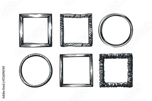Set of Hand Drawn Square and Circle Frames. Vector hand drawn illustration