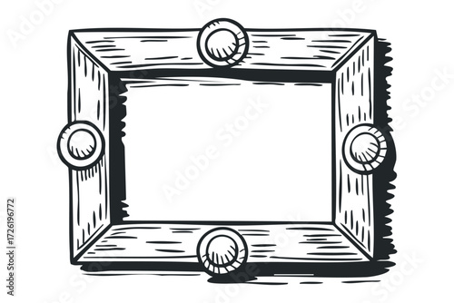 Wood textured rectangular frame with decorative corners. Vector hand drawn illustration