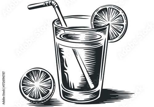 Glass of Refreshing Citrus Drink with Slices. Vector hand drawn illustration
