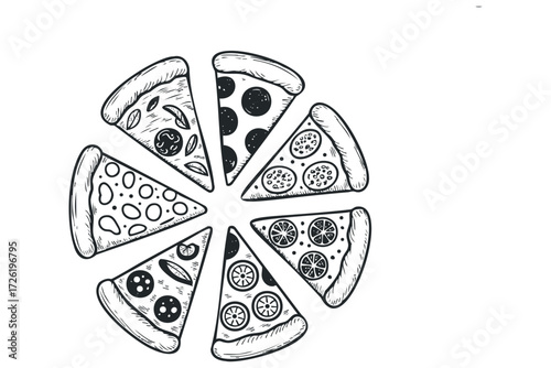 Hand Drawn Slices of Assorted Pizza Arrangement. Vector hand drawn illustration