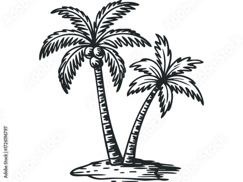 Two Palm Trees on Small Island Outline. Vector hand drawn illustration