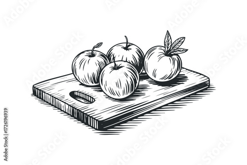 Four apples on a wooden cutting board. Vector hand drawn illustration