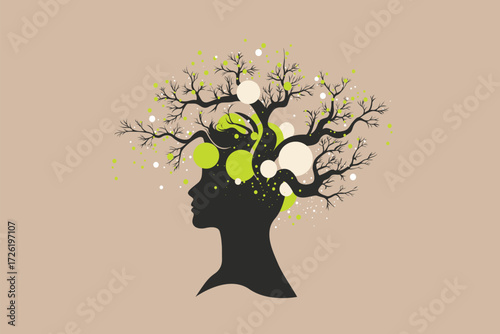Abstract Head Silhouette with Tree Branches and Digital Nodes – Brain, Growth and Business Concept Illustration