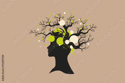 Abstract Head Silhouette with Tree Branches and Digital Nodes – Brain, Growth and Business Concept Illustration