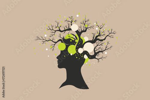 Abstract Head Silhouette with Tree Branches and Digital Nodes – Brain, Growth and Business Concept Illustration
