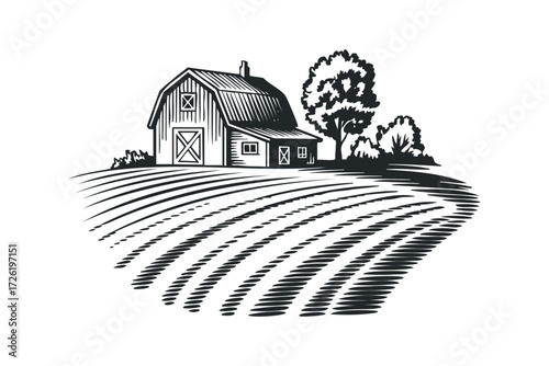 Farmhouse scene with plowed fields and trees. Vector hand drawn illustration