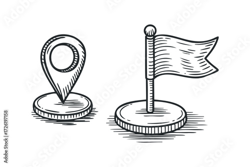 Hand-drawn map pin and flag on white. Vector hand drawn illustration