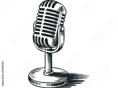 Vintage Microphone on Stand with Shadow. Vector hand drawn illustration