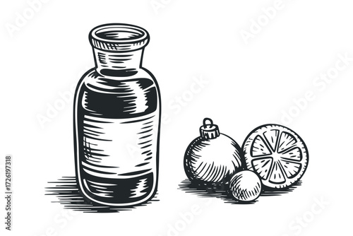 Bottle with Citrus Fruit Slice and Ornaments. Vector hand drawn illustration