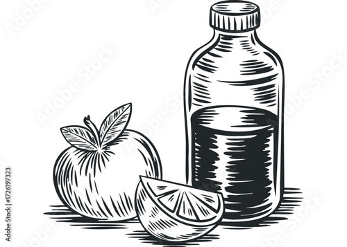 Whole apple and lemon slice next to bottle of juice. Vector hand drawn illustration