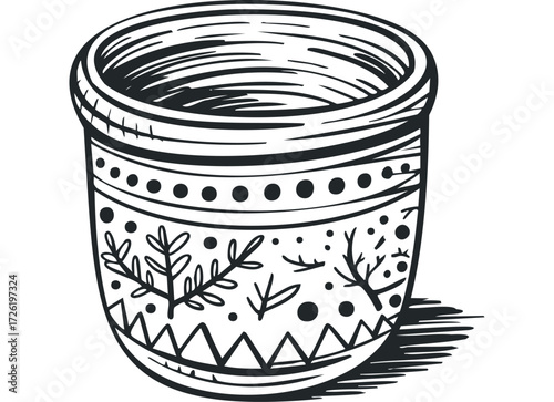Hand-drawn decorative mug with folk-inspired patterns. Vector hand drawn illustration