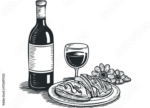 Black and white sketch of wine bottle with food and flowers. Vector hand drawn illustration