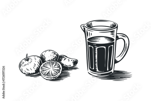 Ink sketch of pitcher with juice and citrus fruit. Vector hand drawn illustration