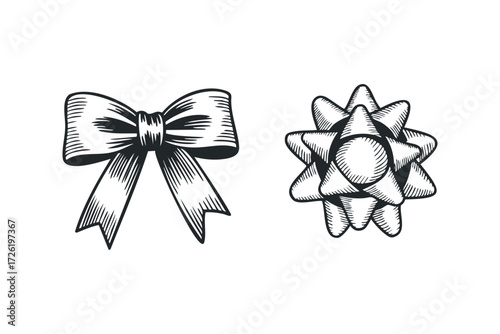Hand drawn bow and gift ribbon decoration elements. Vector hand drawn illustration