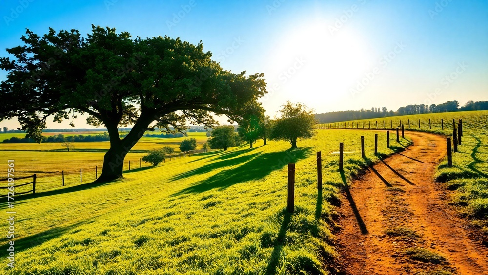 Fototapeta premium Rural landscape with a dirt path and lone tree at sunset
