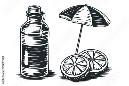 Vintage Bottle with Citrus Slices and Beach Umbrella. Vector hand drawn illustration
