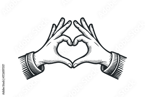 Two hands forming a heart shape with thumbs and index fingers. Vector hand drawn illustration