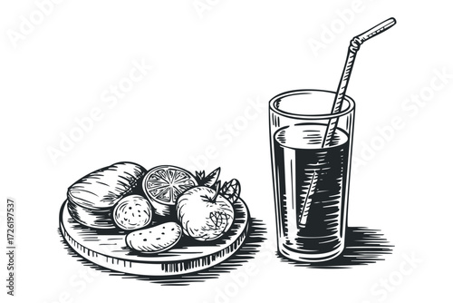 Fresh fruit and glass of juice with straw. Vector hand drawn illustration