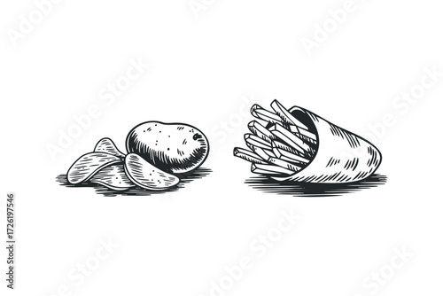 Hand-drawn potato chips and french fries. Vector hand drawn illustration