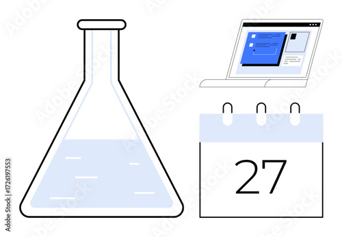 Laboratory flask with fluid alongside a laptop screen and calendar date of 27. Ideal for science, innovation, research, planning, data analysis, technology, productivity. Simple flat metaphor