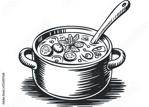 Black and white drawing of steaming hot soup in a pot with a spoon. Vector hand drawn illustration
