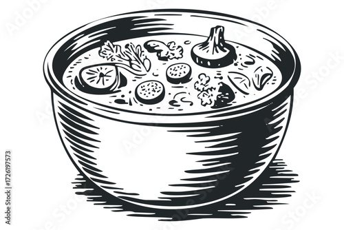 Bowl of heart food with vegetables. Vector hand drawn illustration