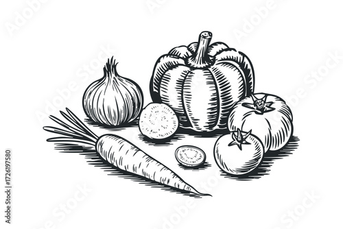 Carrot, onion, pumpkin, and tomatoes in linocut style. Vector hand drawn illustration