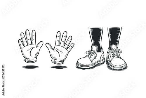 Open Hands and Paired Shoes Symbolizing Openness and Journey. Vector hand drawn illustration