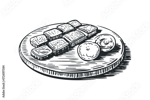 Hand Drawn Sketch of Sliced Bread and Dips on Wooden Board. Vector hand drawn illustration