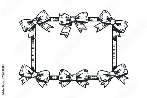Black and white graphic border with six bows. Vector hand drawn illustration