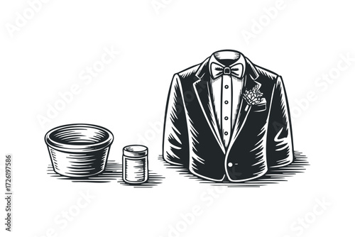 Formal Wear Tuxedo with Boutonniere and Grooming Items. Vector hand drawn illustration