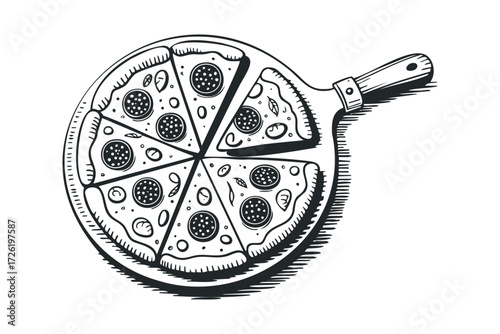Line art pizza on wooden board with handle. Vector hand drawn illustration