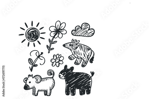 Playful Hand Drawn Farm Animals and Sun Elements. Vector hand drawn illustration