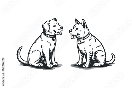 Two Happy Dogs Sitting Together Outdoors. Vector hand drawn illustration