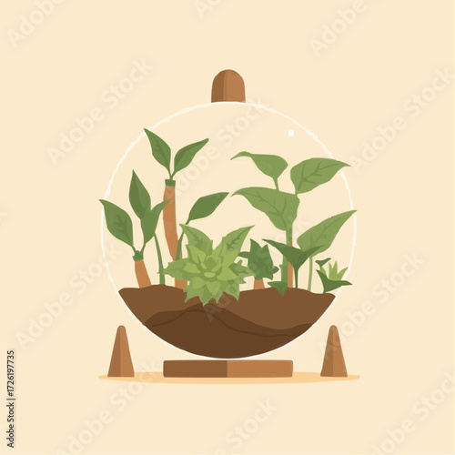 Stylish illustration of a terrarium with various plants inside, showcasing a mini ecosystem, against a soft beige background