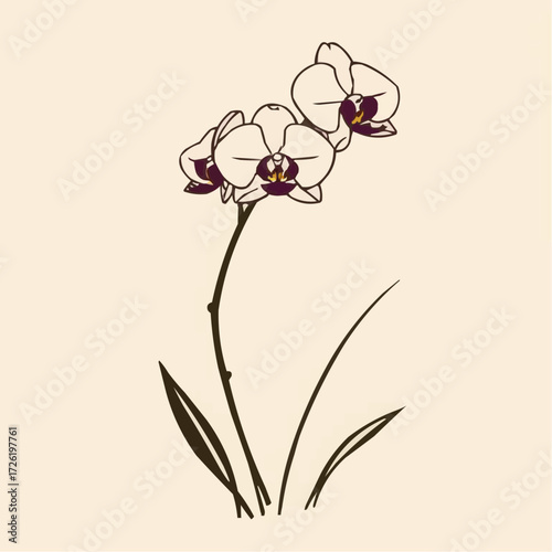 Elegant illustration of an orchid flower with a long stem and delicate petals, representing beauty and sophistication, against a soft beige background
