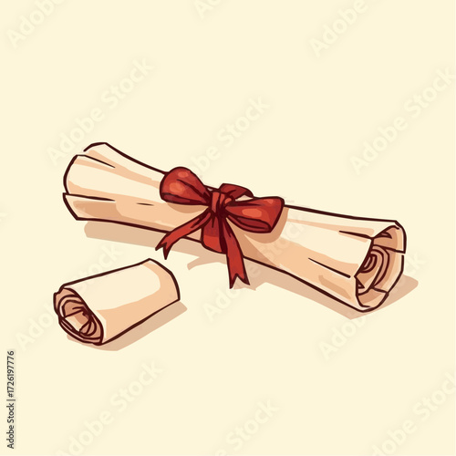 Charming illustration of a rolled-up scroll tied with a red ribbon, symbolizing knowledge and achievement, against a soft beige background
