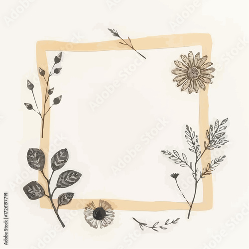 Delicate illustration of a floral frame featuring intricate line drawings of leaves and flowers, perfect for invitations or artwork, on a soft white background