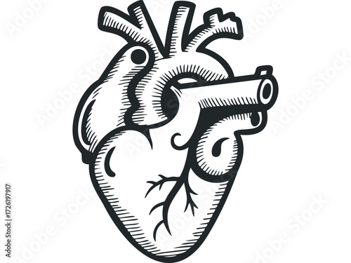Anatomical Heart with Pistol Barrel Symbolizing Inner Conflict. Vector hand drawn illustration