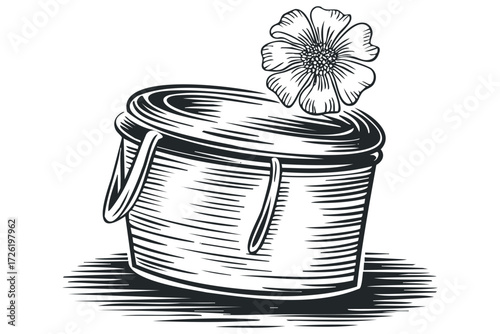 Flower Growing Out of Paint Bucket Outline. Vector hand drawn illustration