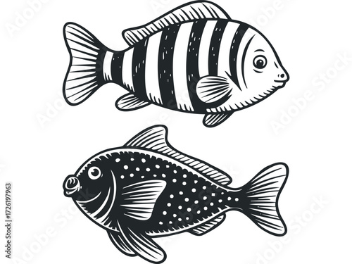 Two Stylized Fish Drawing. Vector hand drawn illustration